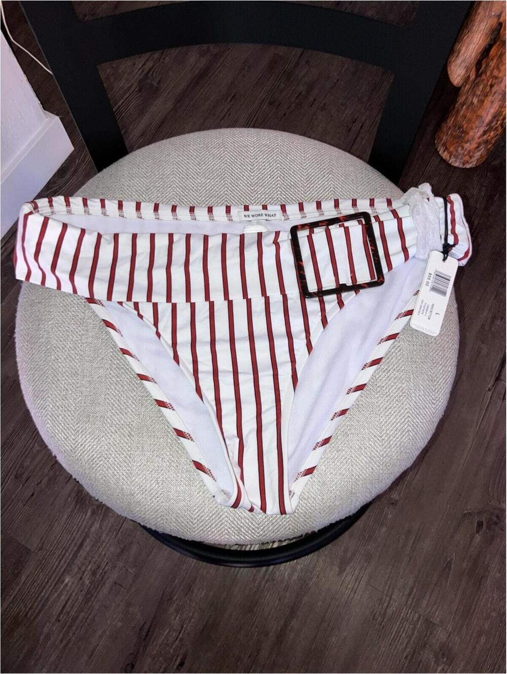 We Wore What Striped Bikini Bottom w/Tortoise Buckle Accent